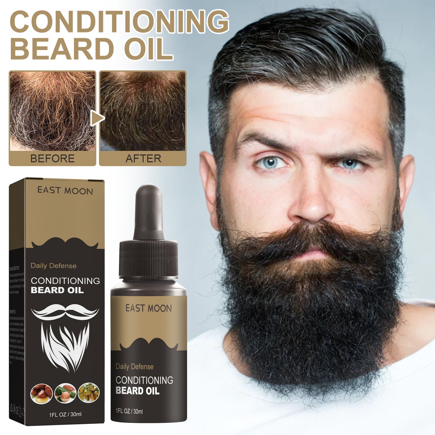 East Moon Beard Care Oil Men's Beard Oil Repair Frizzy Strong Hair Moisturizing Soft Shine Beard