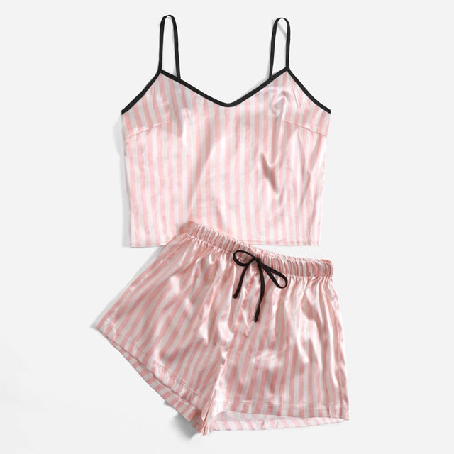 Sexy Stripe Women Sleepwear Set Good Night Sleep Wear