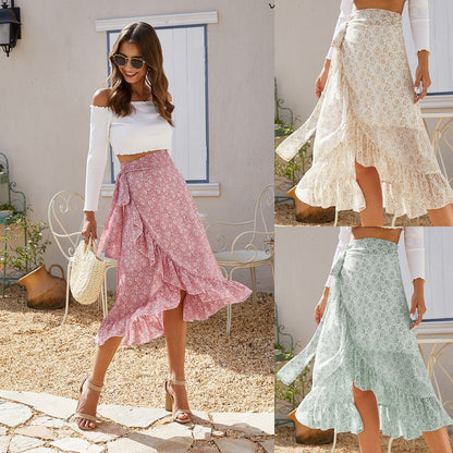 Floral Print Holiday Skirt Ruffles Elegant Chiffon Women Irregular Split Skirt - Trotters Independent Traders