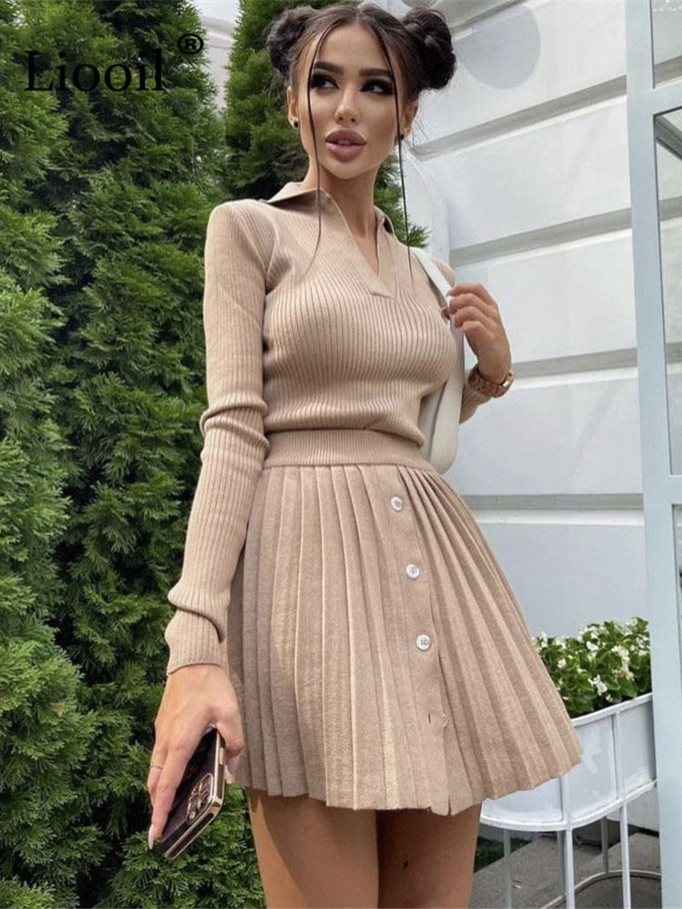 Knitted Suit with Skirt Women Solid Autumn Mini Skirt