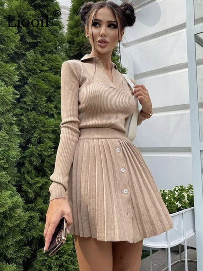 Knitted Suit with Skirt Women Solid Autumn Mini Skirt