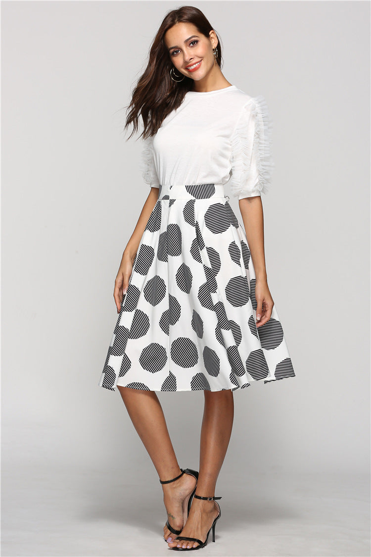 Large Polka Dot Round Slim Fit Mid-Length Skirt With Hem