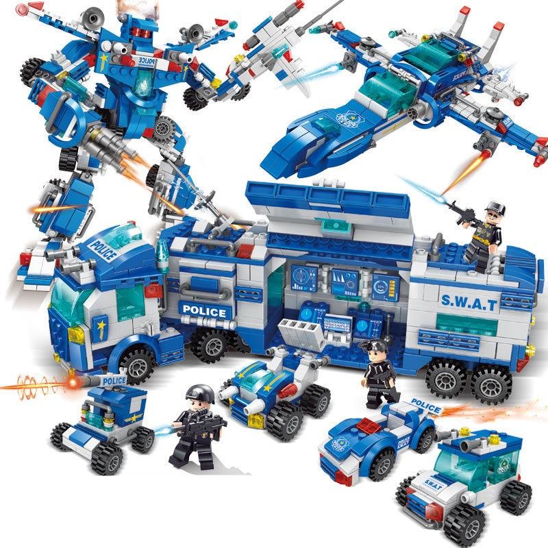 Police Building Bricks Set Toy, 8 in 3 Swat Mobile Command Center Station Truck, military Helicopters - Trotters Independent Traders