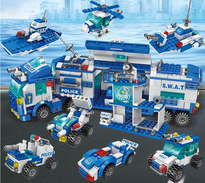 Police Building Bricks Set Toy, 8 in 3 Swat Mobile Command Center Station Truck, military Helicopters - Trotters Independent Traders