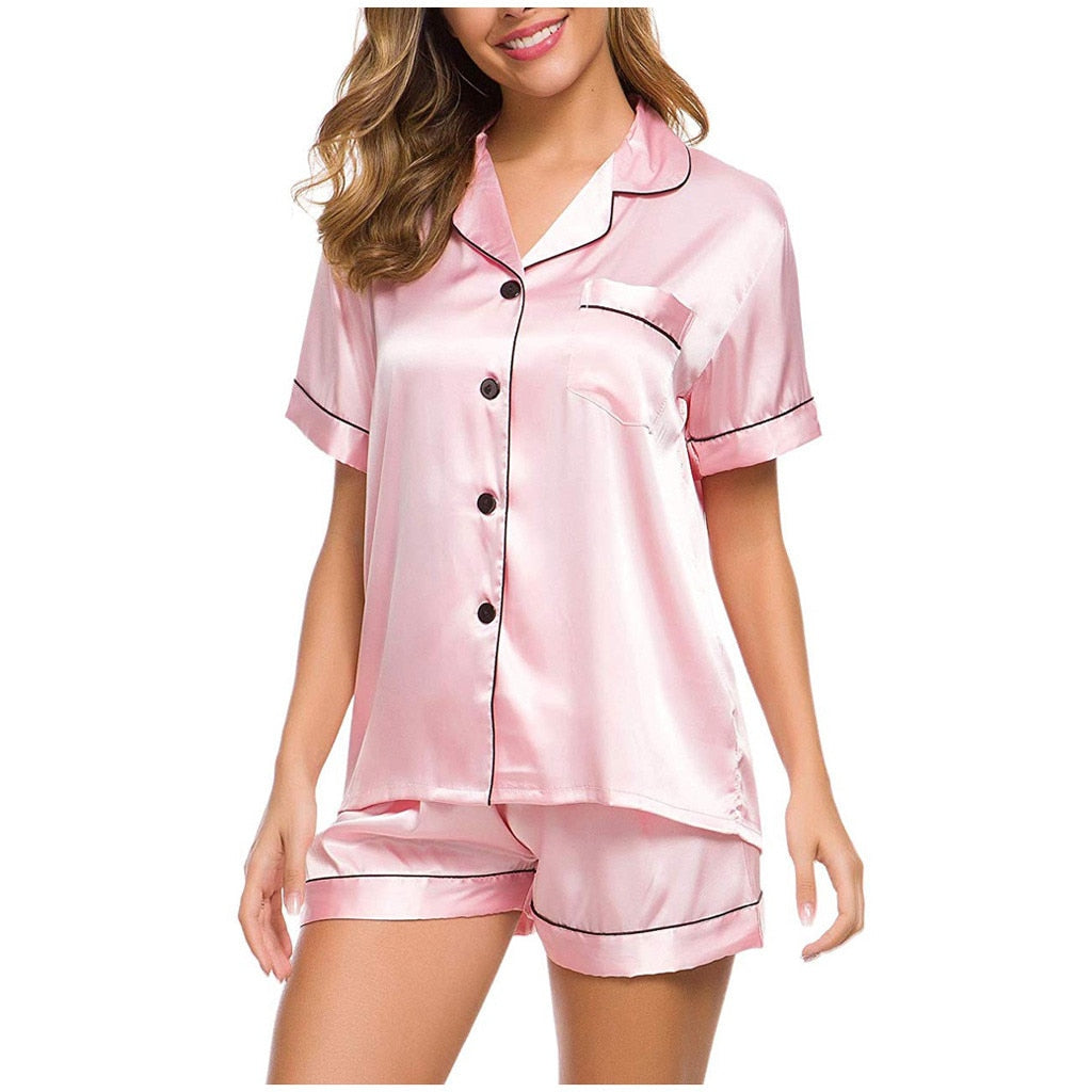 Elastic Waist Button Down Shorts Pajamas Set Nightwear 