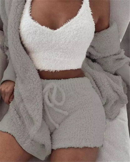 Lady Female Soft Warm Long Sleeve Exposed Navel Vest Shorts Set