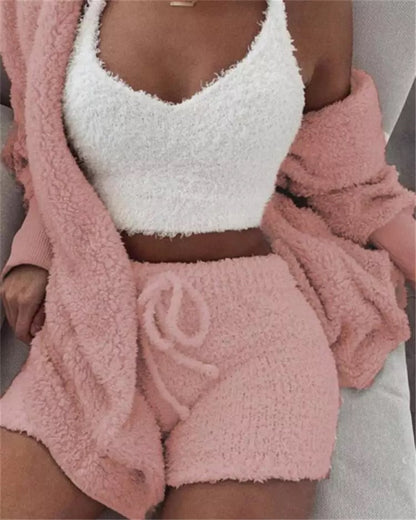 Lady Female Soft Warm Long Sleeve Exposed Navel Vest Shorts Set