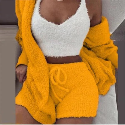 Lady Female Soft Warm Long Sleeve Exposed Navel Vest Shorts Set