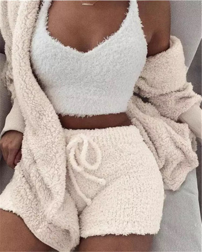 Lady Female Soft Warm Long Sleeve Exposed Navel Vest Shorts Set