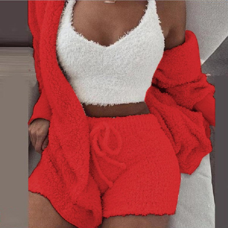 Lady Female Soft Warm Long Sleeve Exposed Navel Vest Shorts Set