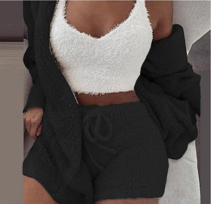 Lady Female Soft Warm Long Sleeve Exposed Navel Vest Shorts Set