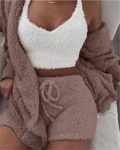 Lady Female Soft Warm Long Sleeve Exposed Navel Vest Shorts Set