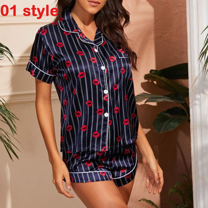 Silk Satin Pajamas Set Short Sleeve Loungewear Printing 