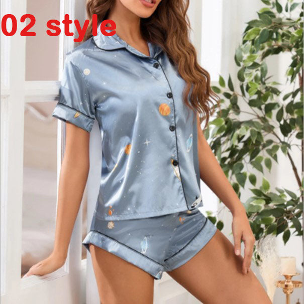 Silk Satin Pajamas Set Short Sleeve Loungewear Printing 