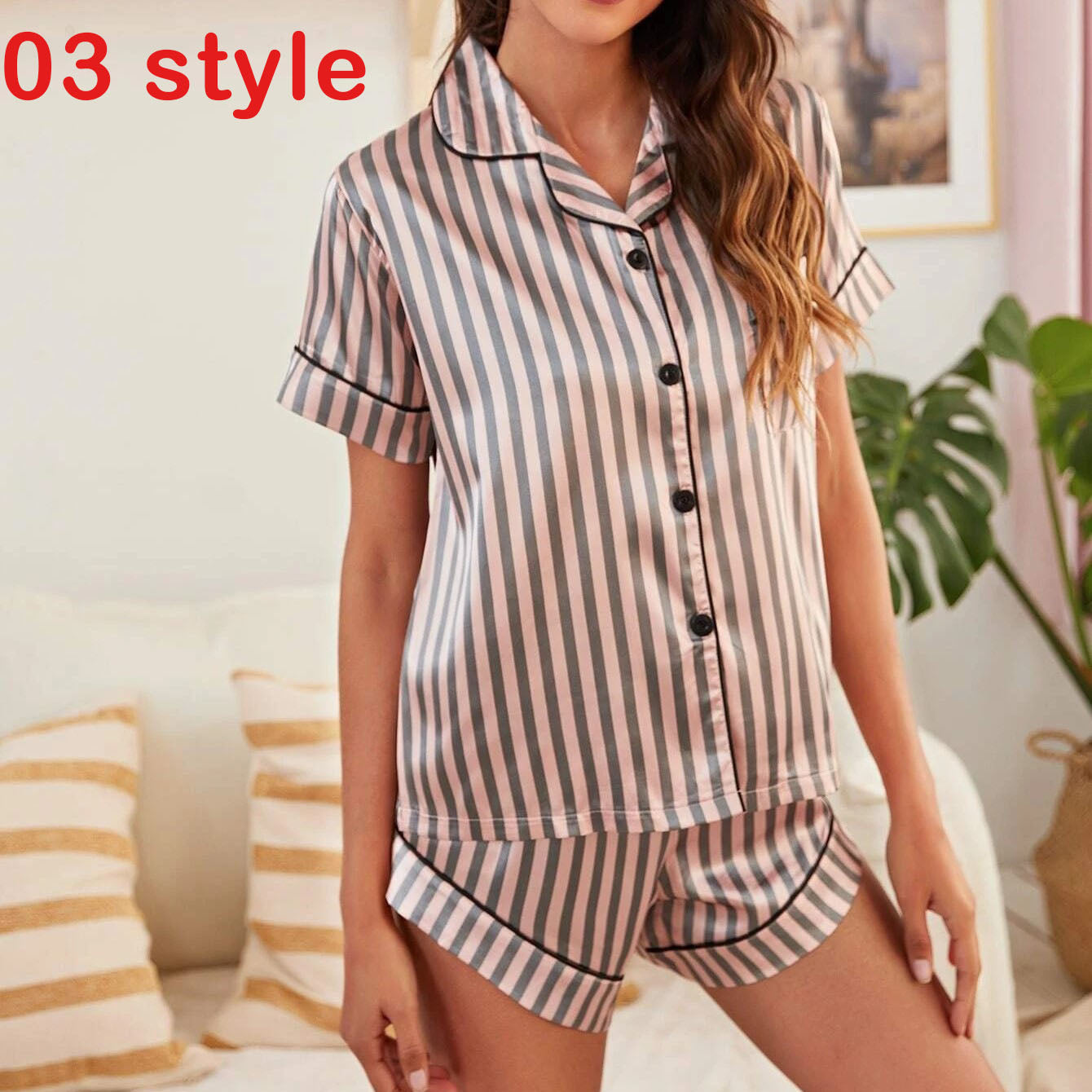 Silk Satin Pajamas Set Short Sleeve Loungewear Printing 