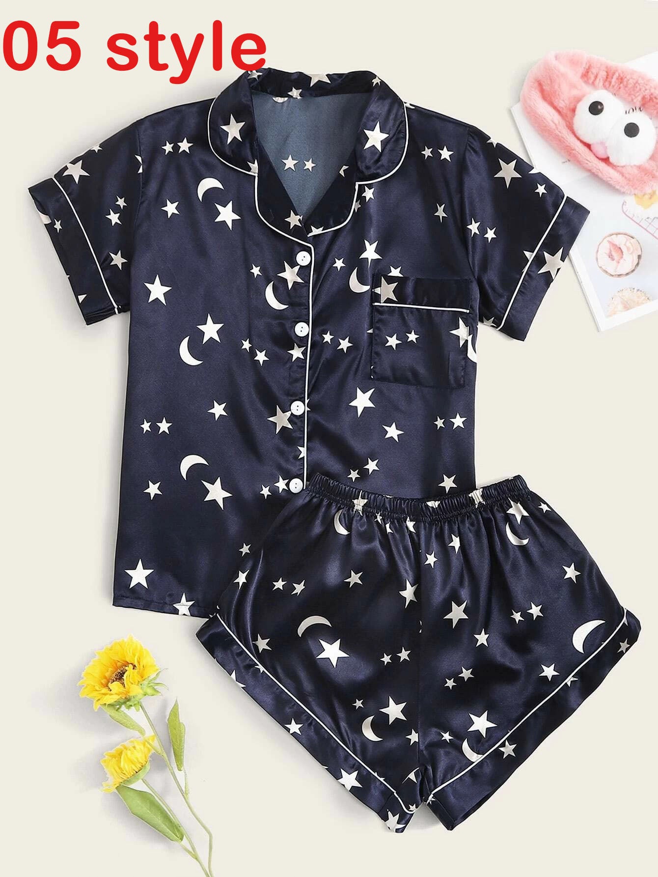 Silk Satin Pajamas Set Short Sleeve Loungewear Printing 