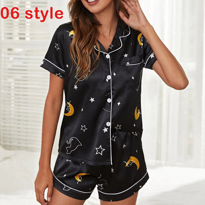 Silk Satin Pajamas Set Short Sleeve Loungewear Printing 