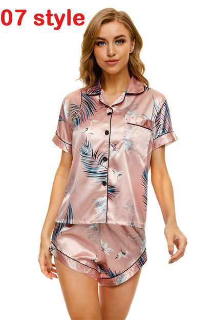 Silk Satin Pajamas Set Short Sleeve Loungewear Printing 