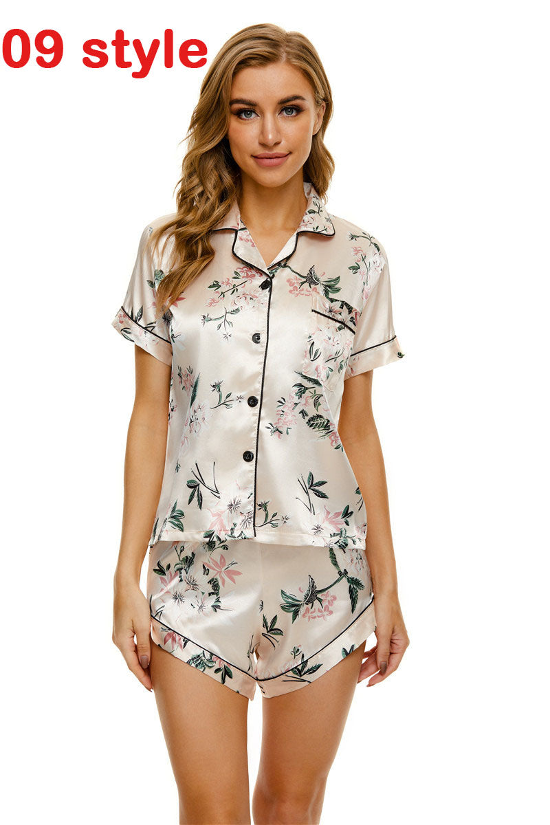 Silk Satin Pajamas Set Short Sleeve Loungewear Printing 