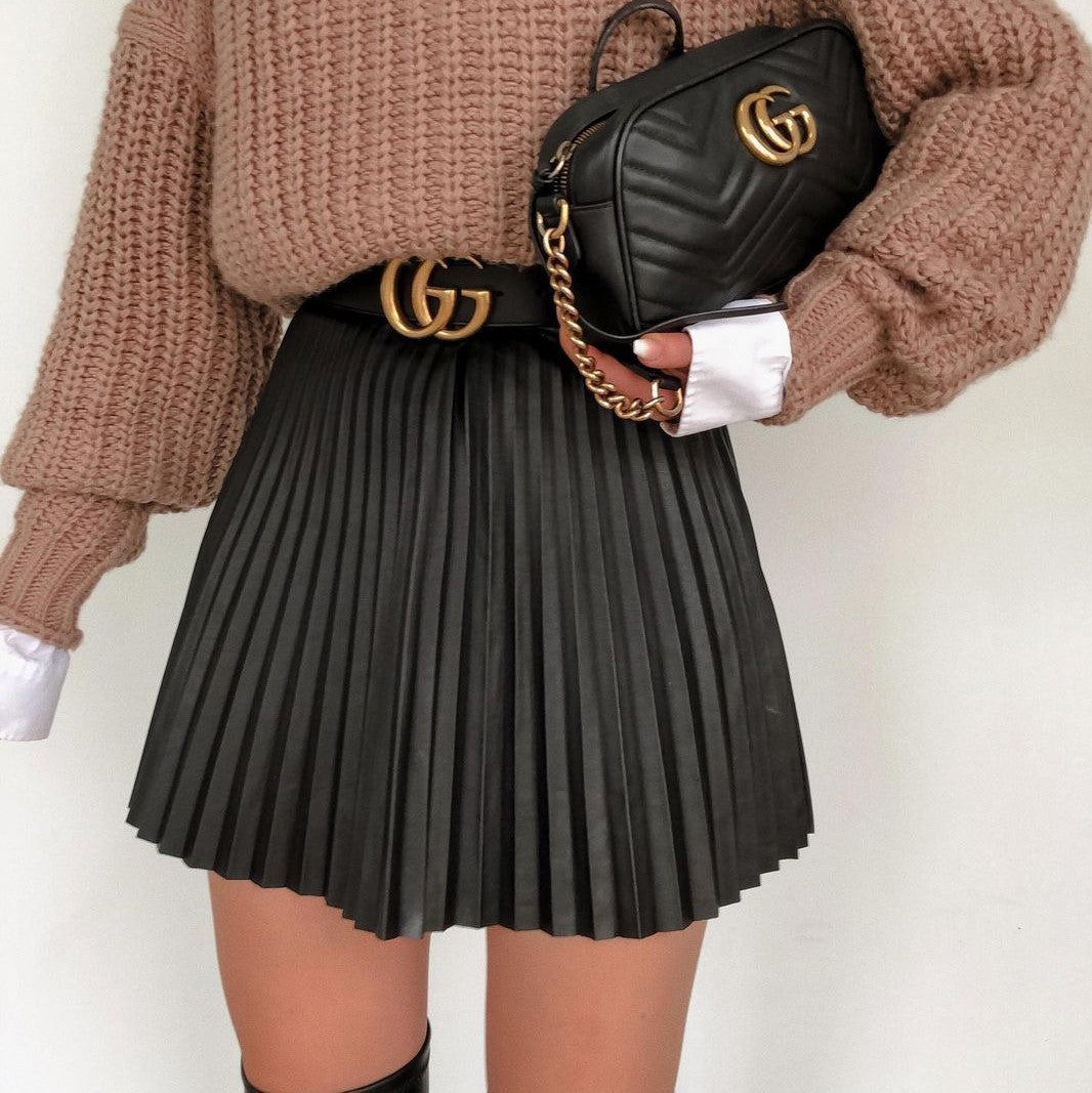 Black Women Pleated Skirt A-line High Street Sexy Mini Skirt