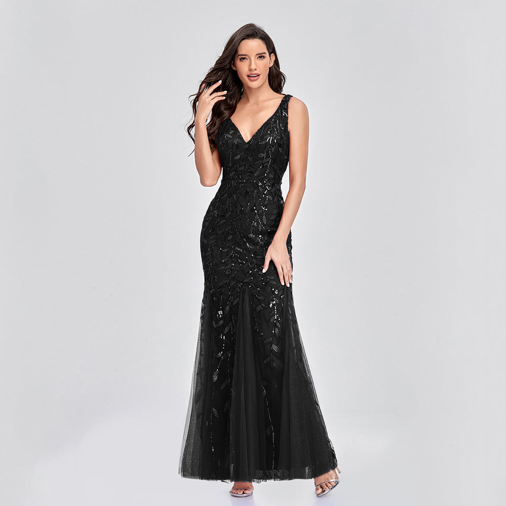 Long Sleeveless V-neck Embroidered Sequin Mermaid Dress