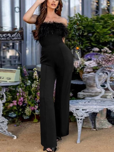 Women's Sleeveless Jumpsuits Slim Fit For Wedding Party Clubwear Fashion Elegant Ladies Sexy Off Shoulder Cut Waist Ruffle Casual Straight Leg Romper Jumpsuit With Belt - Trotters Independent Traders