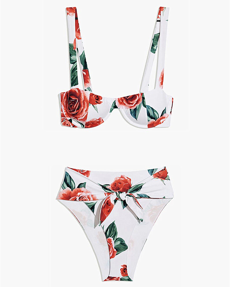 Vintage Printed High-waisted Bikini Steel Bracket Swimsuit