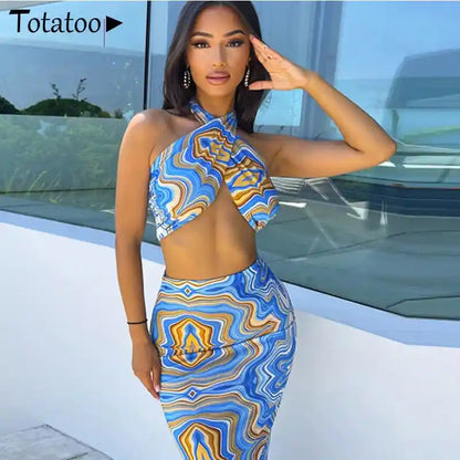 Amelia Two Piece Set Long Skirt And Halter Crop Top Matching Outfit