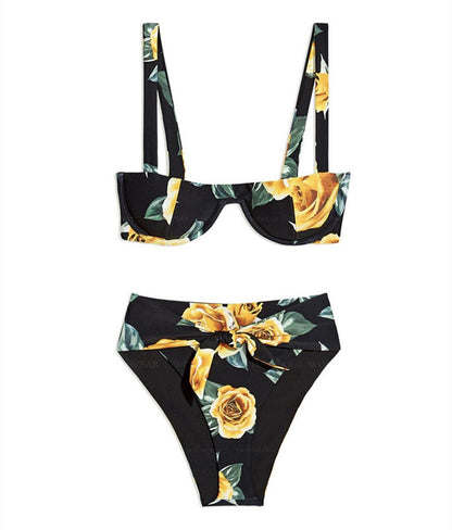 Vintage Printed High-waisted Bikini Steel Bracket Swimsuit