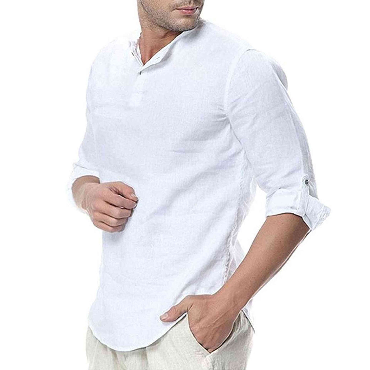 Men's Casual Cotton And Linen Plain Long-sleeved Shirt - Trotters Independent Traders