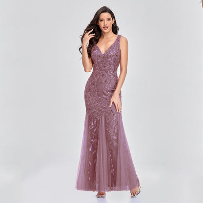 Long Sleeveless V-neck Embroidered Sequin Mermaid Dress