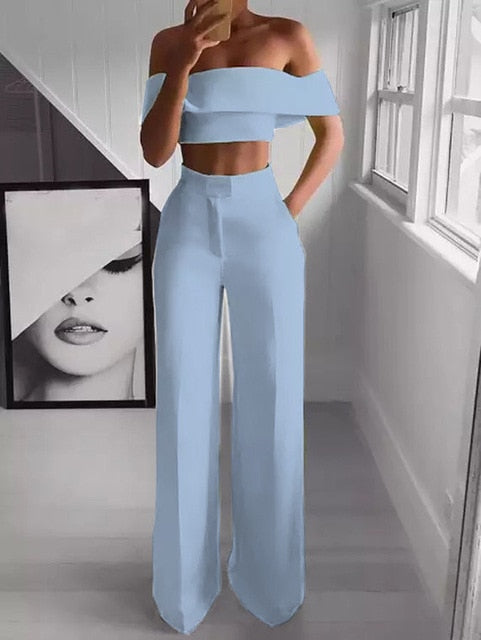 Vacation Outfits Fashion Solid Cold Shoulder Ruffle Shirt Button Zipper Wide Leg Pant Suit Set - Trotters Independent Traders