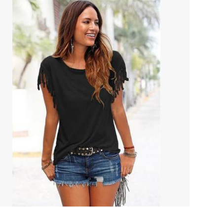 a woman wearing a black shirt and denim shorts