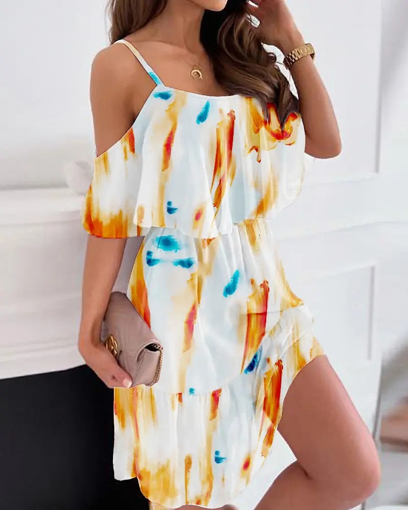 Off Shoulder Floral Print Short Sleeve Casual Dresse