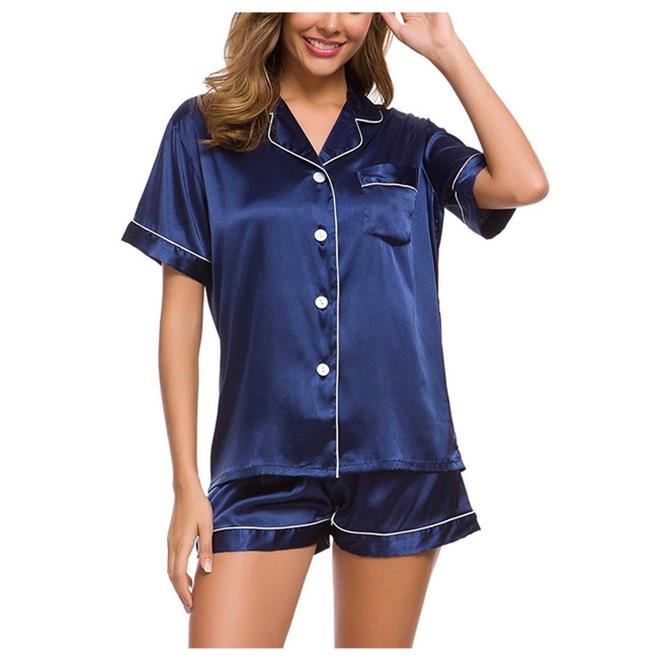 Elastic Waist Button Down Shorts Pajamas Set Nightwear 