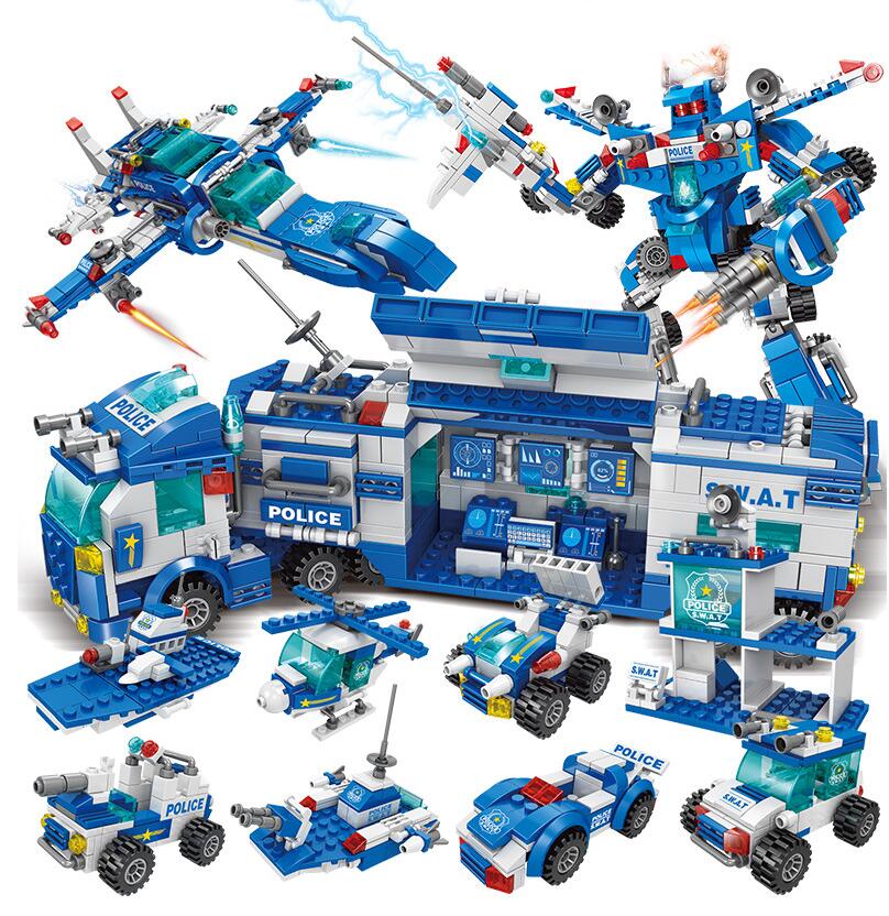 Police Building Bricks Set Toy, 8 in 3 Swat Mobile Command Center Station Truck, military Helicopters - Trotters Independent Traders