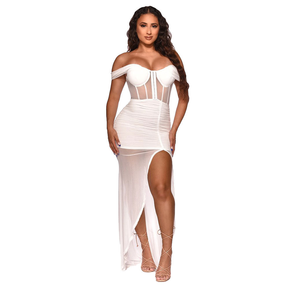 Off Shoulder Ruched Mesh Split Bodycon Maxi Dress - Trotters Independent Traders