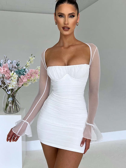 Transparent Dress Women Long Sleeve  Low Cut Short Dress