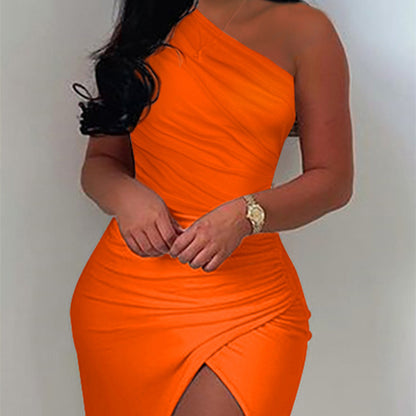 One Shoulder Ruched Split Thigh Dress Fashion for Women