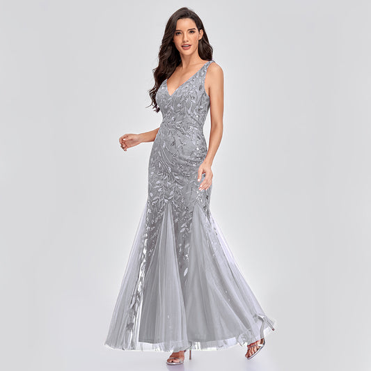 Long Sleeveless V-neck Embroidered Sequin Mermaid Dress