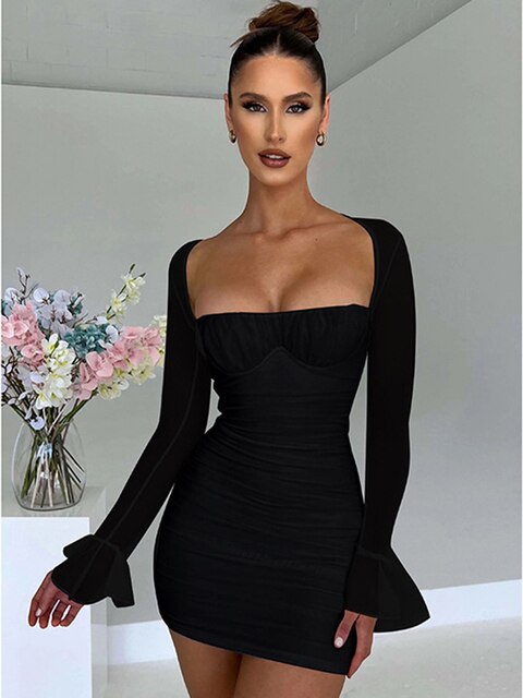 Transparent Dress Women Long Sleeve  Low Cut Short Dress