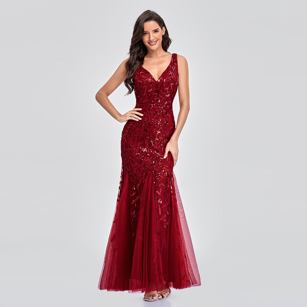 Long Sleeveless V-neck Embroidered Sequin Mermaid Dress