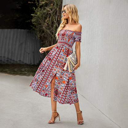 a woman in a red and blue dress