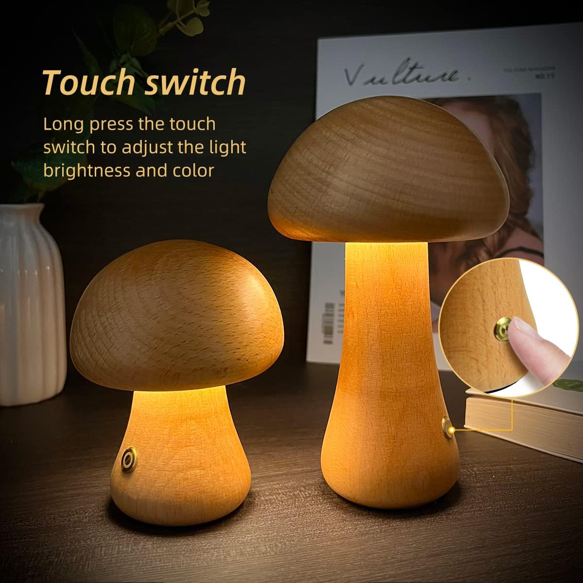 INS Wooden Cute Mushroom LED Night Light With Touch Switch Bedside Table Lamp For Bedroom Childrens Room Sleeping Night Lamps Home Decor - Trotters Independent Traders