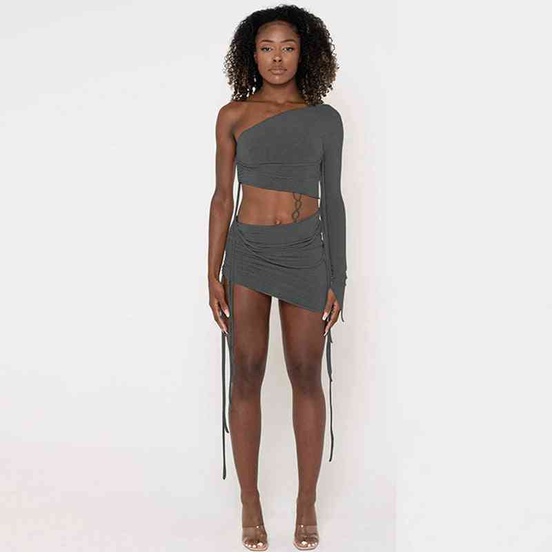 One Shoulder Midriff-baring Top Side Drawstring Skirt Suit - Trotters Independent Traders