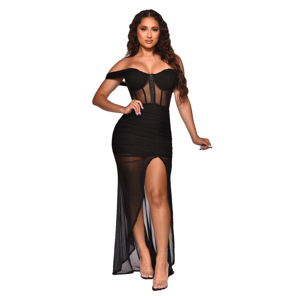 Off Shoulder Ruched Mesh Split Bodycon Maxi Dress - Trotters Independent Traders