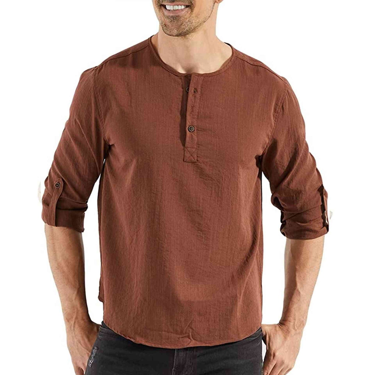 Men's Casual Cotton And Linen Plain Long-sleeved Shirt - Trotters Independent Traders