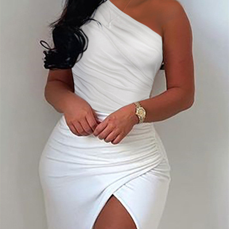 One Shoulder Ruched Split Thigh Dress Fashion for Women