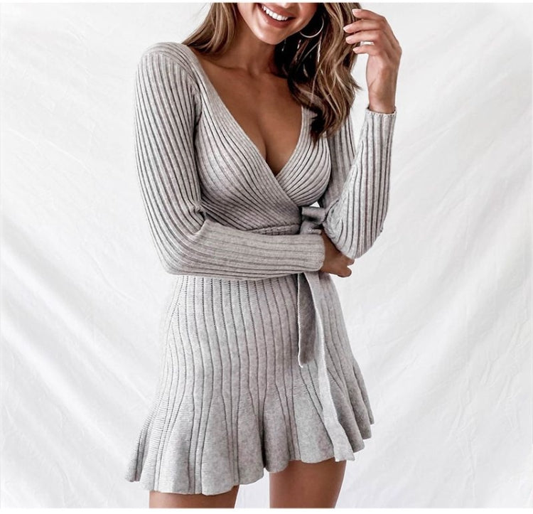 Sexy V Neck Grey Knitted Sweater Dress - Trotters Independent Traders