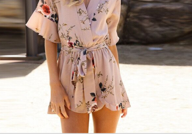 Short Jumpsuit for Women Chiffon Floral Print Romper Playsuit Ruffled Short Sleeve V Neck Beach Playsuit Shorts - Trotters Independent Traders